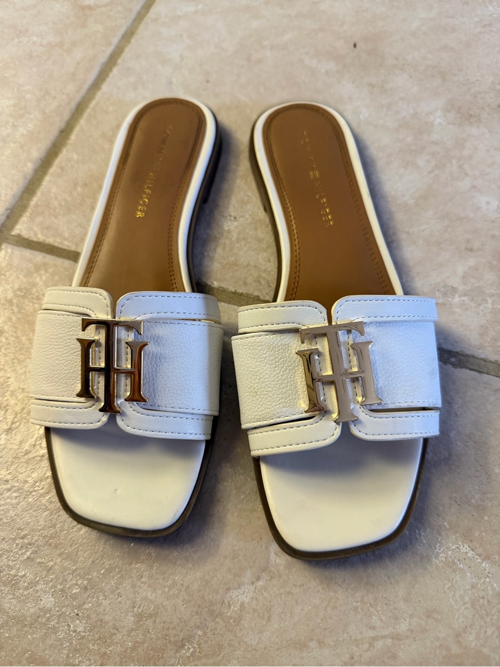 Tommy Hilfiger White Leather Slide Mules with Gold Logo